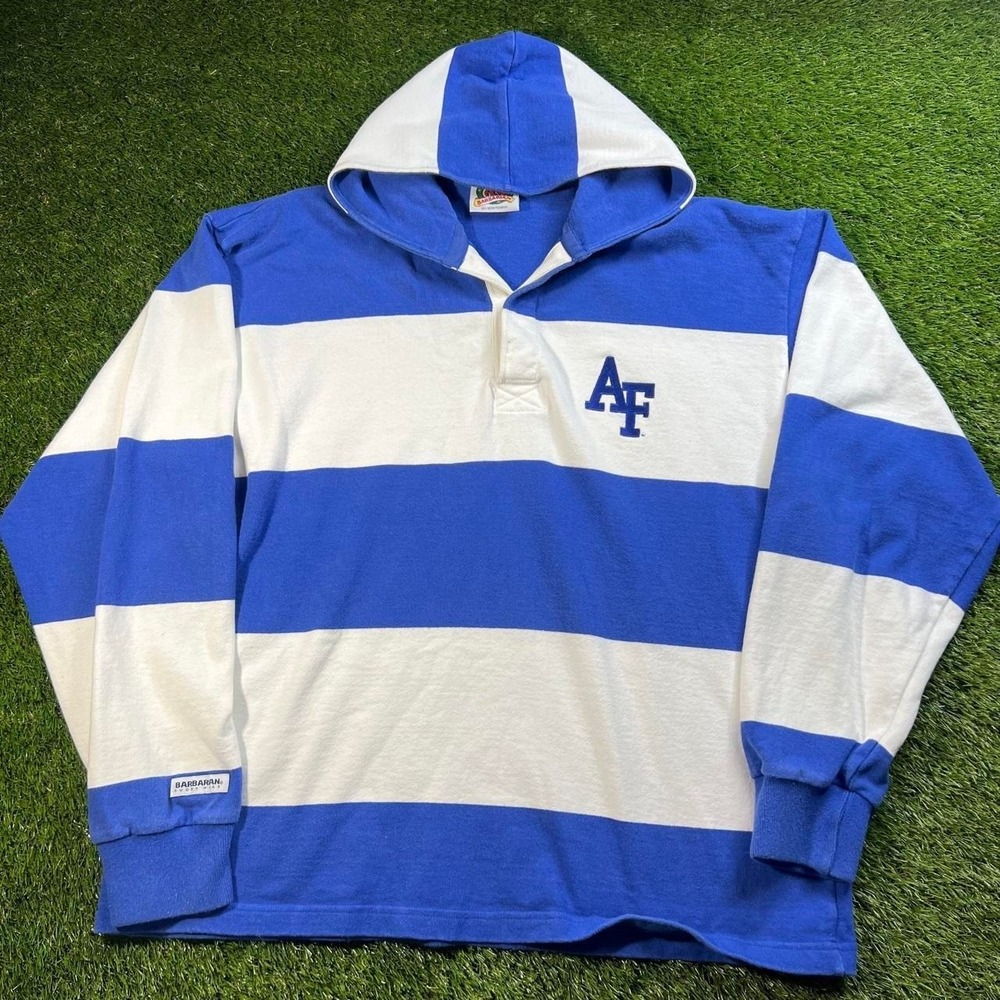 Vintage Barbarian Rugby XXL Air Force Blue White Striped Hoodie 100% Cotton Logo